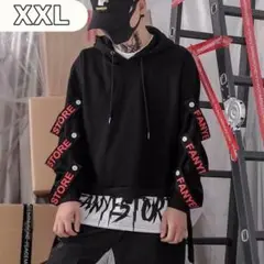 ストラップ デザイン パーカー 重ね着風 メンズ XXL トップス 赤 黒 薄手