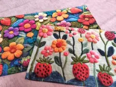 花とイチゴの刺繍マット