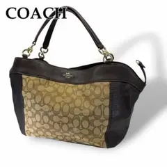 美品 COACH ハンドバッグ ロゴ金具 シグネチャー レザー キャンバス