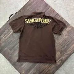 7SM4【SINGAPORE】ゴールド刺繍　半袖ポロシャツ　ブラウン　古着