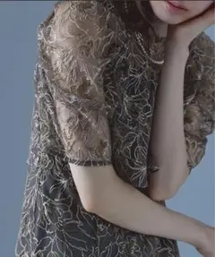 【美品】etoll刺繍レースレイヤードドレス チャコール