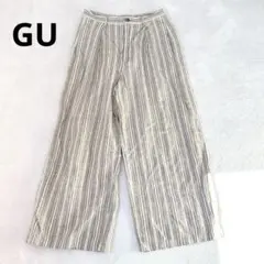 s156【GU】リネンワイドパンツ　ストライプ　ベージュ　ゆったり　柔らかい生地