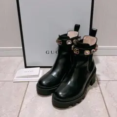 現行品GUCCI グッチ ベルト付き レザー ブーツ サイドゴアブーツ 厚底
