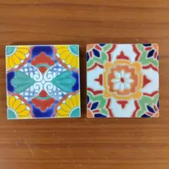ベトナム雑貨　カラフル陶器タイル2枚セット