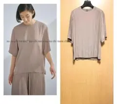 21ss 美品　自由区　洗える　ブラウス　サテン　ドレープ　五分袖　半袖