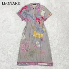 レオナール✨ロング丈 ワンピース 半袖 襟 花柄 Lサイズ