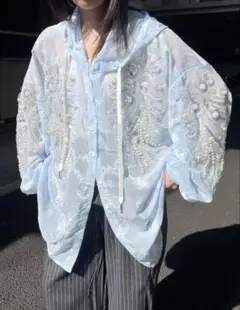 水色レース パール スパンコール シャツパーカー