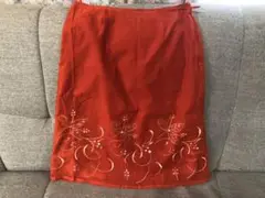 美品　ピープルツリー　スカート　花柄刺繍　コットン　シルク　朱色