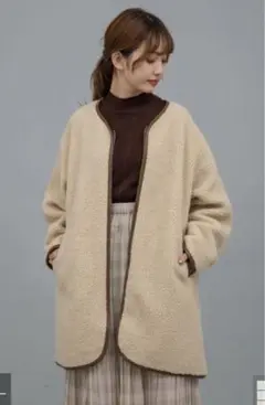 未使用 アース パイピングボアコート(ロング) ベージュ