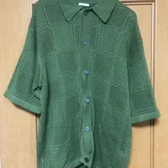 メッシュ編み グリーン ポロシャツ 半袖
