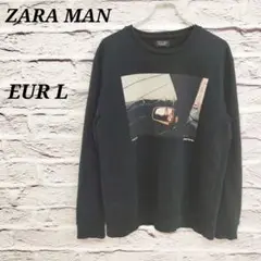 R4838 ZARA MAN【EUR L】写真プリントトレーナー コットン混 黒
