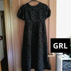 【GRL】エレガントなフラワー柄黒のロングドレス、ワンピースF