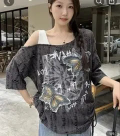 TEMU バタフライプリント オフショルダーTシャツ グレー