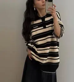 MULTI BORDER LOGO KNIT POLO TOP ブラック