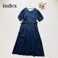 【インデックス】Vネックフレアワンピース（M）ウエストベルト ボリューム袖 紺