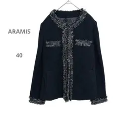 【アラミス】美品　ツイードノーカラージャケット　アンゴラ　ウール　フリンジ　40