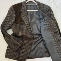 極美品✨ダックス レザー切り替えテーラードジャケットLツイードチェック柄