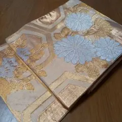 正絹袋帯 花柄 金色 銀色　美品