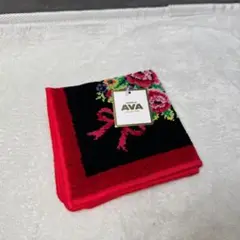 未使用☆AVA ハンカチ シェニール織 綿100% レッド ブラック 花柄