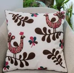 クッションカバー ジャガード風　クッション　インテリア 刺繍 アジア　鳥　植物
