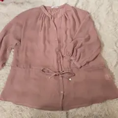 ピンク シフォンブラウス 長袖 ウエストリボン