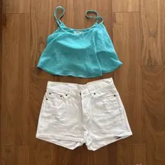 DRWCYS デニム　ショートパンツ ダメージ　ホワイトデニム　ビーチウェア
