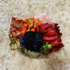 美品＊和風 花飾りヘッドドレス　赤 黒 オレンジ 造花