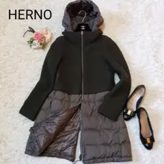 美品 HERNO ダウンコート ニット切り替え カーキ フード着脱 2way M