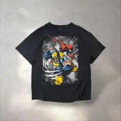 MARVEL スパイダーマン×ウルヴァリンプリントTシャツ黒フェードダメージ