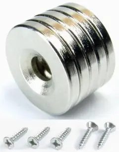 ネオジム磁石20mm×3mm分離ケース入り5mm穴付304ステンレスネジ付5個