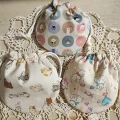 ②猫柄　まんまる巾着袋　3点セット　ハンドメイド