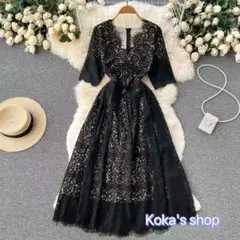 レディース 上品 Vネック レース カットアウト パーティー ドレス
