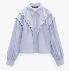 ZARA フリル付きストライプ柄ポプリンシャツ