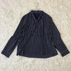 【Sofuol ソフール】長袖ブラウス ストライプ リボンタイ付き 紺【L】