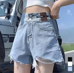 美脚見え ハイウエストデニムショートパンツ ヴィンテージ風 カットオフ裾 ダブル
