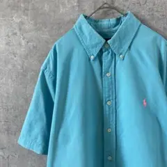 RALPH LAUREN半袖BDシャツ水色×ピンクロゴ 夏コーデLサイズ