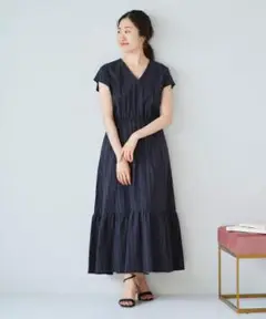 le. coeur blanc ピンストライプティアードワンピース　ネイビー濃紺
