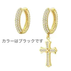 【KRKC】ブラックフープピアス クロスチャーム ケース付き 男女兼用