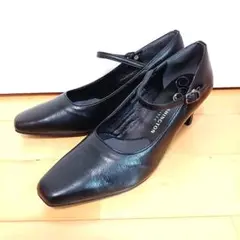 ワシントン銀座　ストラップパンプス　ブラック　レザー　25、5cm