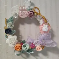 ハンドメイド 花のリース うさぎ付き