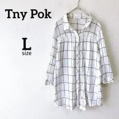 Z【Tny Pok】七分袖シャツ L 格子柄 チェック 白 薄手 綿100％