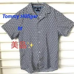 リネンコットン✨TOMMY HILFIGER 幾何学模様 半袖シャツ M
