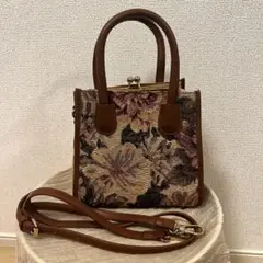 オリーブ・デ・オリーブ がま口 ジャガード ミニショルダー　ブラウンバッグ　花柄
