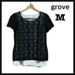 【美品】grove 花レース 重ね着風 ブラウス ブラック M