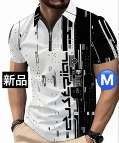 【新品/Mサイズ】ゴルフウェア 半袖 ポロシャツ メンズ ホワイト ハーフジップ