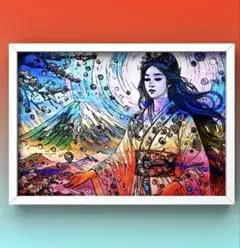 開運富士山を背景に幸福を呼ぶ天使　額縁付き　運気アップのグラフィック