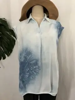 藍染スキッパーブラウスフレンチスリーブ中古