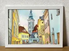 水彩画　チェスキークルムロフの風景　チェコ