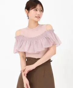 【ミッシュマッシュ】肩開きラッフルアイレットリブニット　ピンク　フリーサイズ