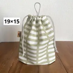 19×15cm コップ袋 保冷剤袋＜グリーン×しかく＞大人巾着袋　男の子　女の子